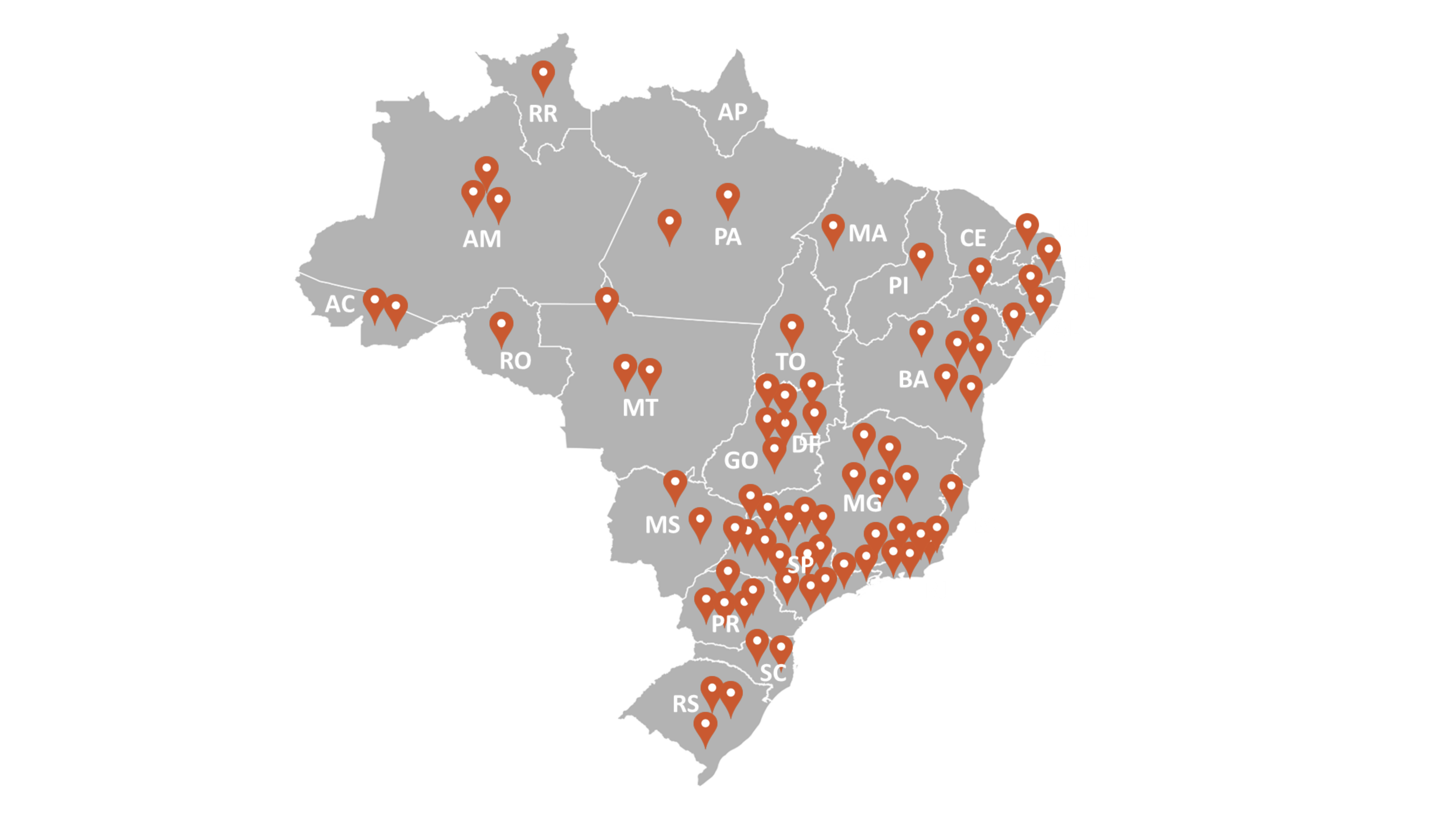 Mapa da atuação do Bureau Social no Brasil, com identificação dos estados e localidades dos projetos